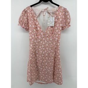 Rumor Australia Pink Pomegranate Print Mini Dress Puff Sleeve Cutout Back Sz 10